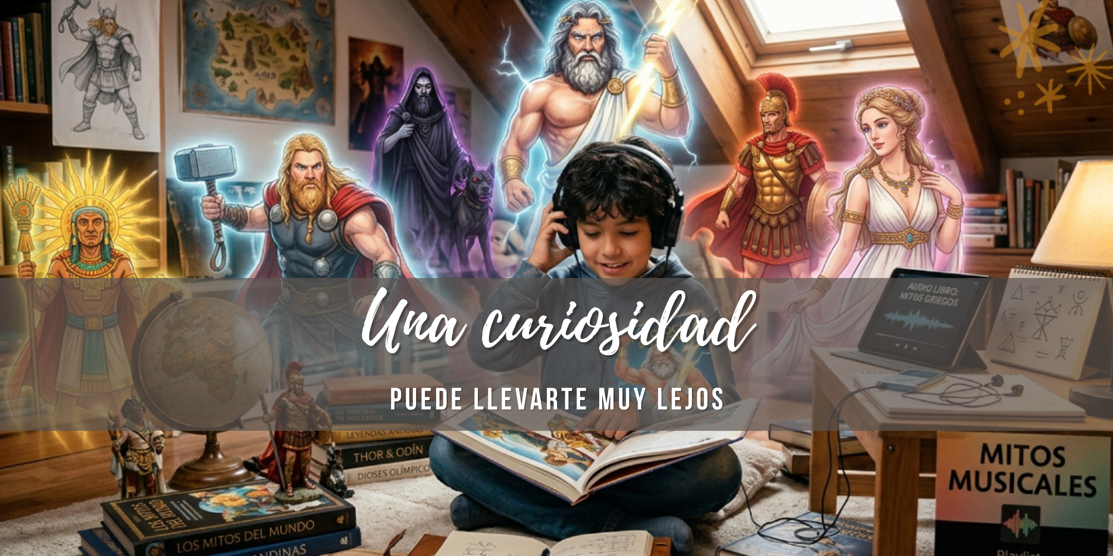 Niño sentado entre libros de mitología escucha música con audífonos mientras explora historias y personajes de distintas culturas.