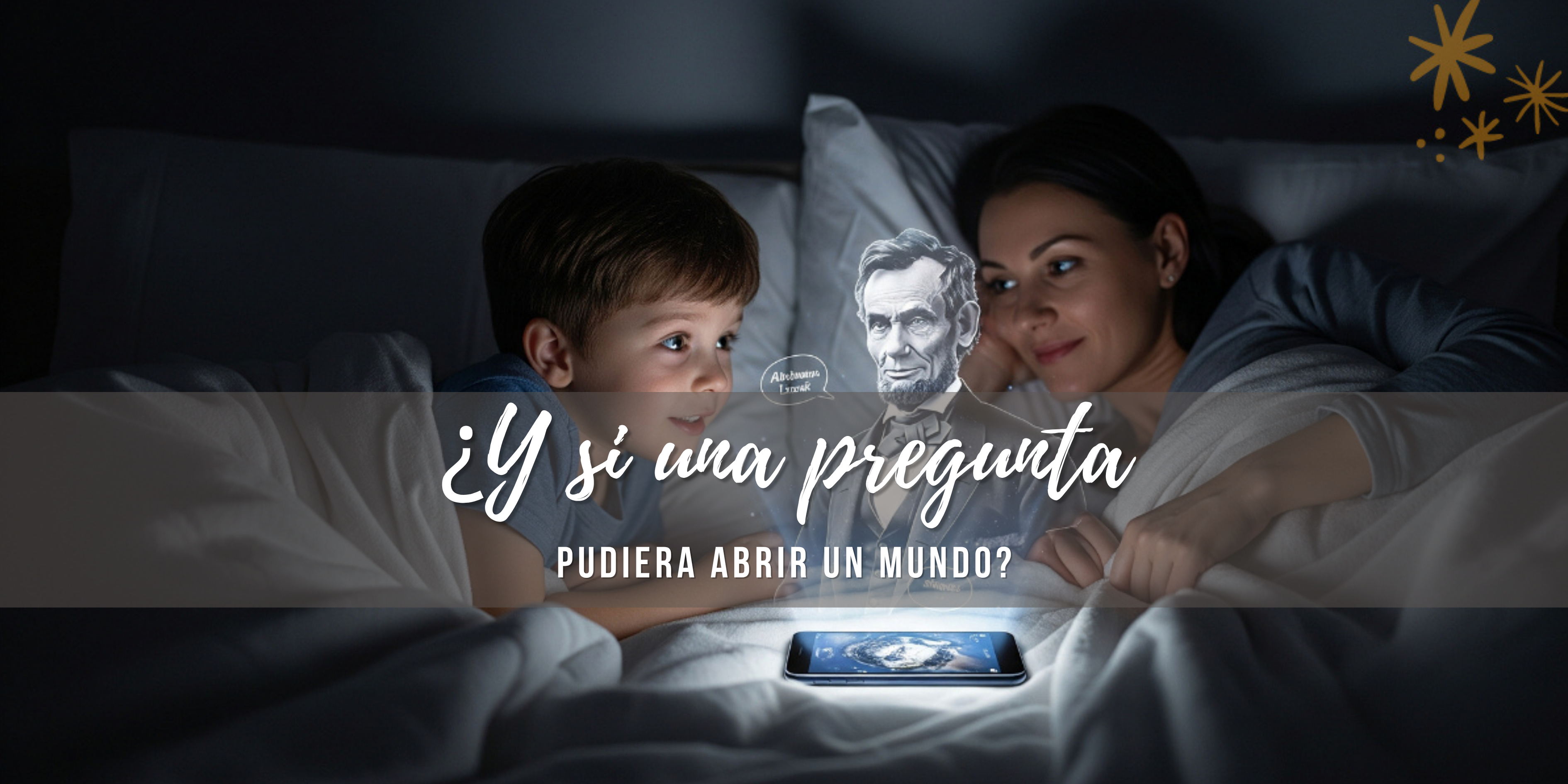 Madre y niño conversan antes de dormir mientras observan en un celular una representación de Abraham Lincoln creada con inteligencia artificial.
