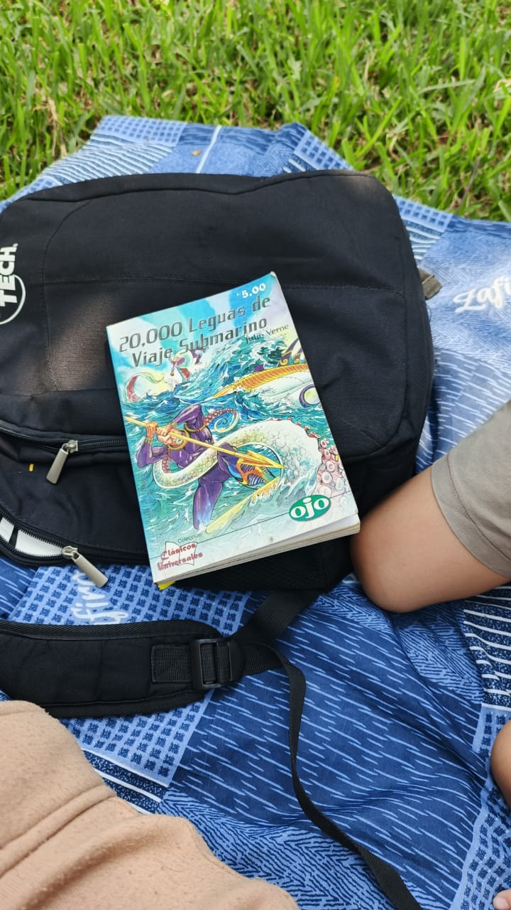 Fotografía de nuestra manta de picnic; sobre ella la mochila y nuestro viejo libro de 20 mil leguas de viaje submarino. 